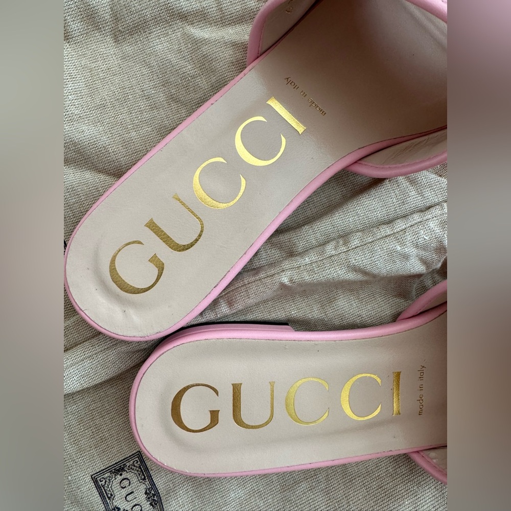 Gucci Pink GG Canvas Slide Sandals with Gold Double G Accent - Picture 5 of 15
